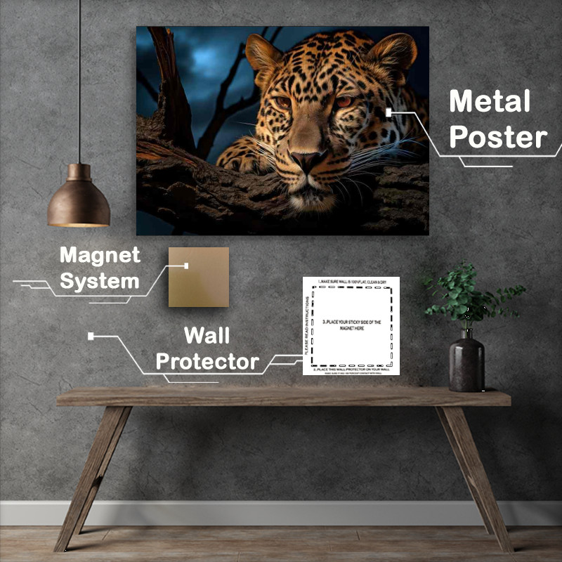 Buy Metal Poster : (Leopard head resting on a wood branch striking eyes)