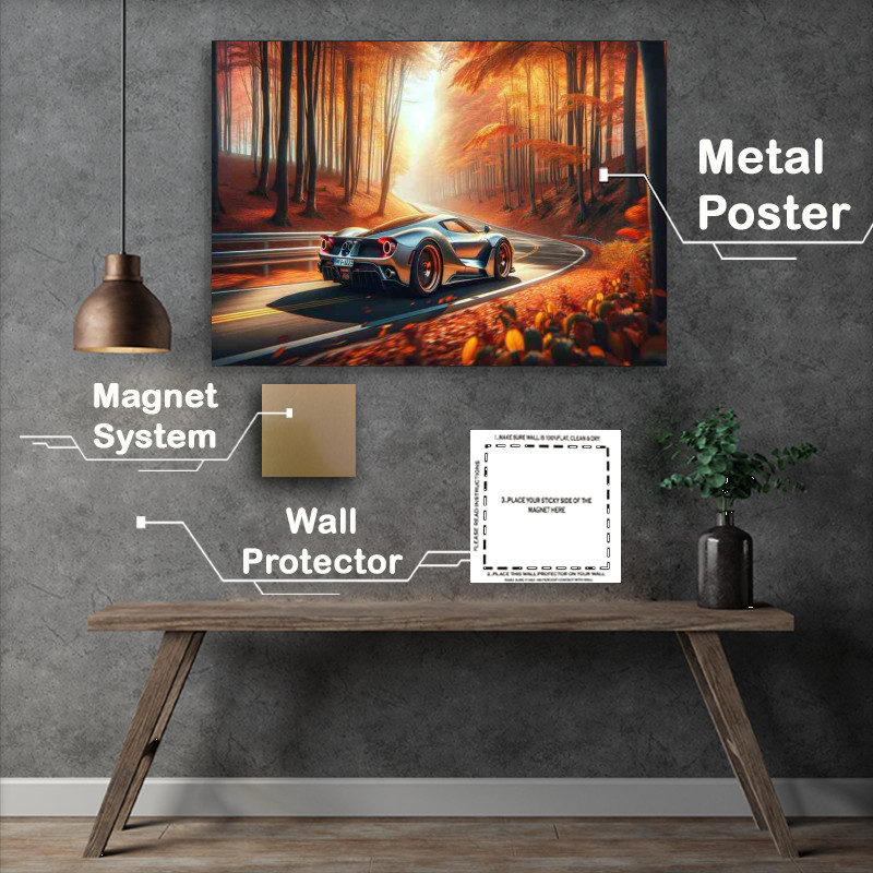 Buy : (Elegant Sports Car Racing through Autumn Forest Metal Poster)