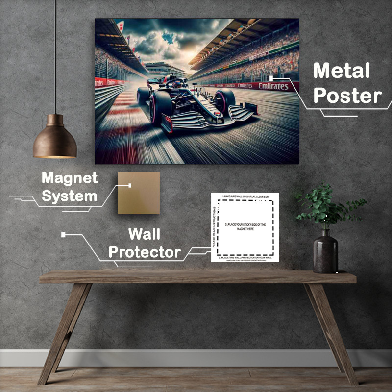 Buy Metal Poster : (Racing Car Speeding on Track crowds in the stands)
