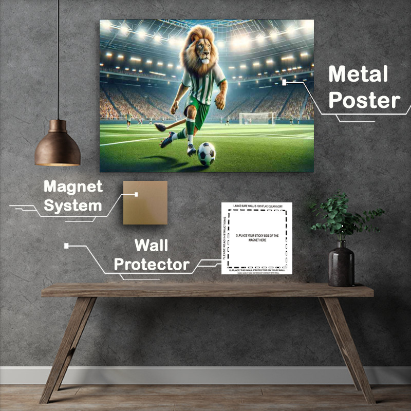 Buy Metal Poster : (Lion Playing Soccer in Football Outfit)