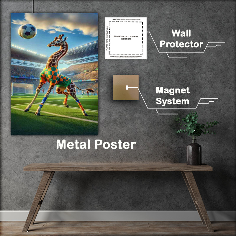 Buy Metal Poster : (Giraffe Playing Football in Soccer Outfit)