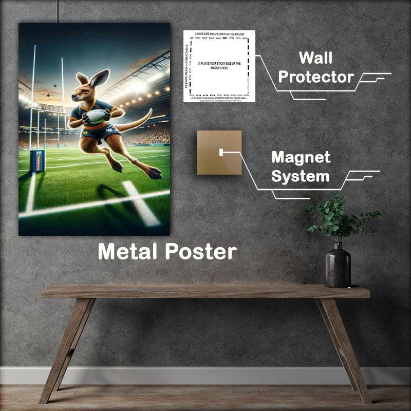 Buy Metal Poster : (Kangaroo Playing Rugby in Rugby Outfit)