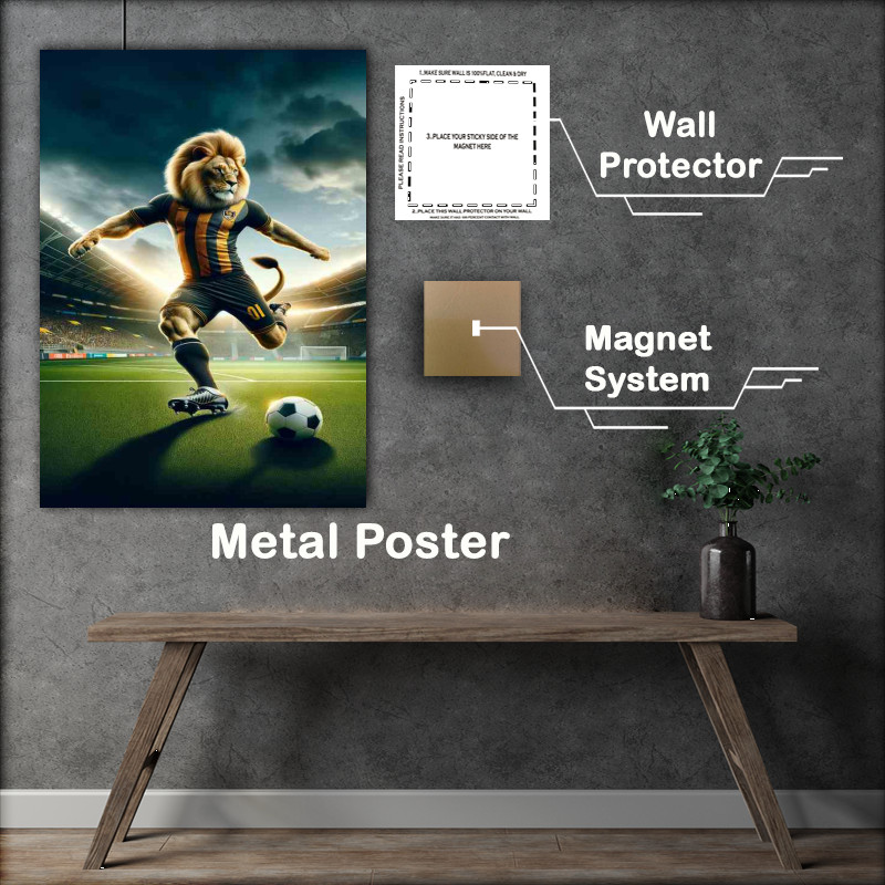 Buy Metal Poster : (Lion Playing Soccer in Soccer Outfit in the stadium)