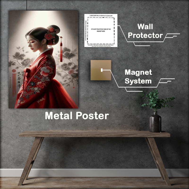 Buy Metal Poster : (Graceful Red Hanbok Artistic Composition)