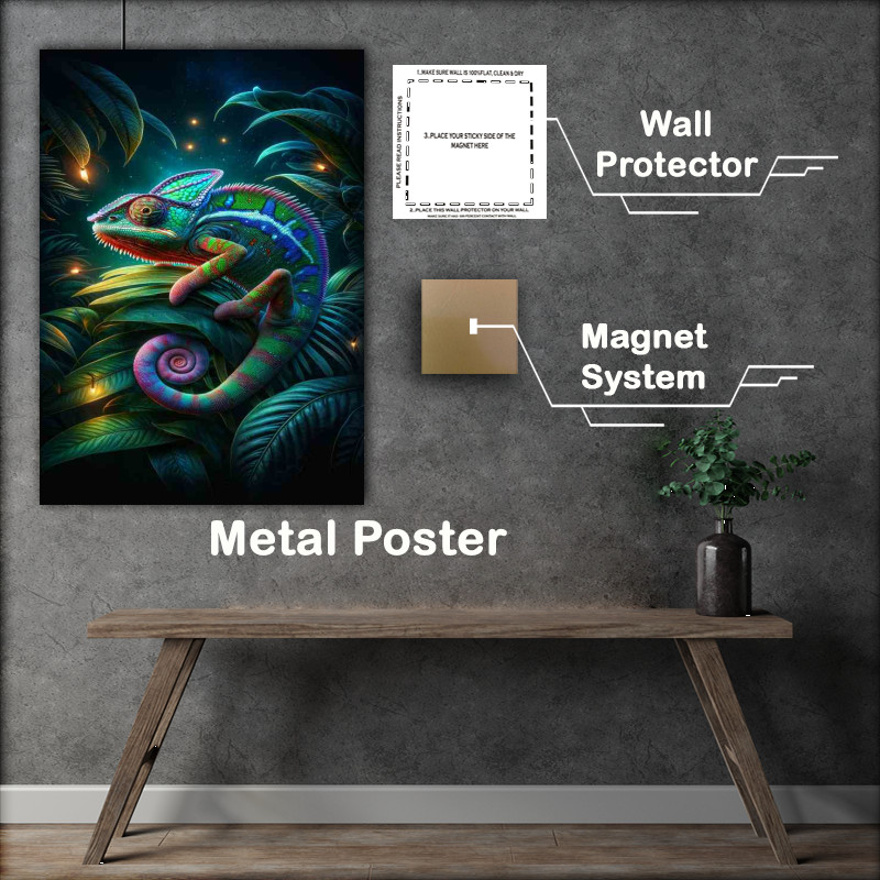 Buy Metal Poster : (Vibrant Chameleon on Nocturnal Foliage)