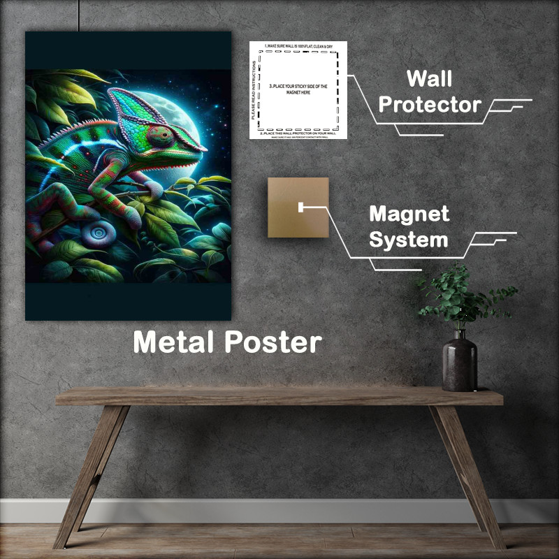 Buy Metal Poster : (Vibrant Chameleon on Nocturnal Foliage Backdrop)