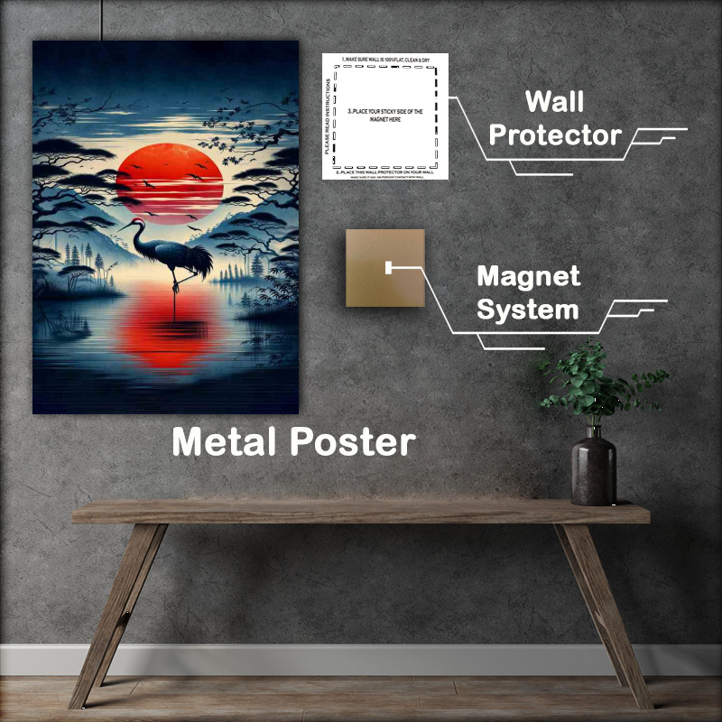 Buy Metal Poster : (Majestic Crane Silhouette Asian Sunrise Elegance)