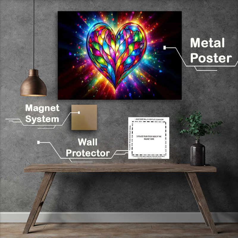 Buy Metal Poster : (Vibrant Stained Glass Heart Colorful Love Art)
