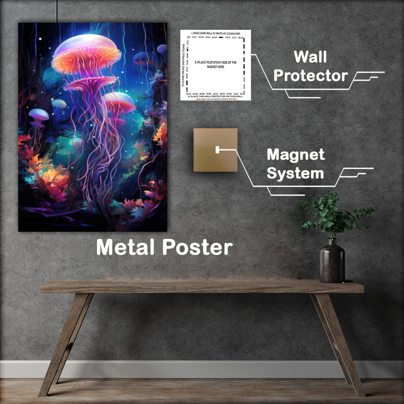Buy Metal Poster : (Jellyfish at night on the coral floor)