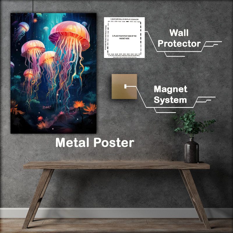 Buy Metal Poster : (Jellyfish is depicted Corel and colourful fish)