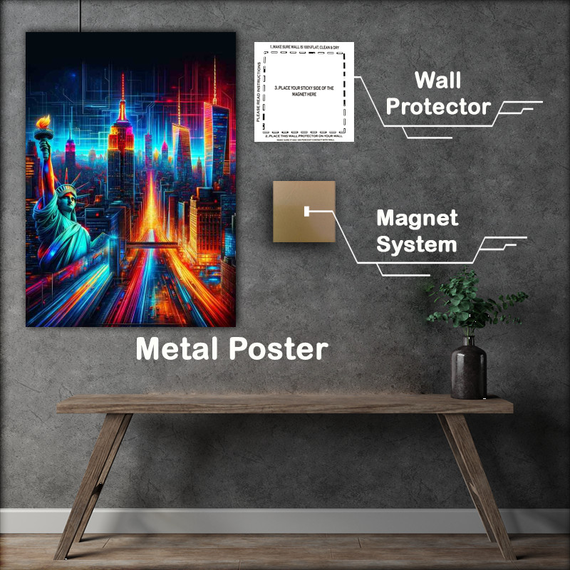 Buy : (Vibrant Neon NYC Skyline Metal Poster)