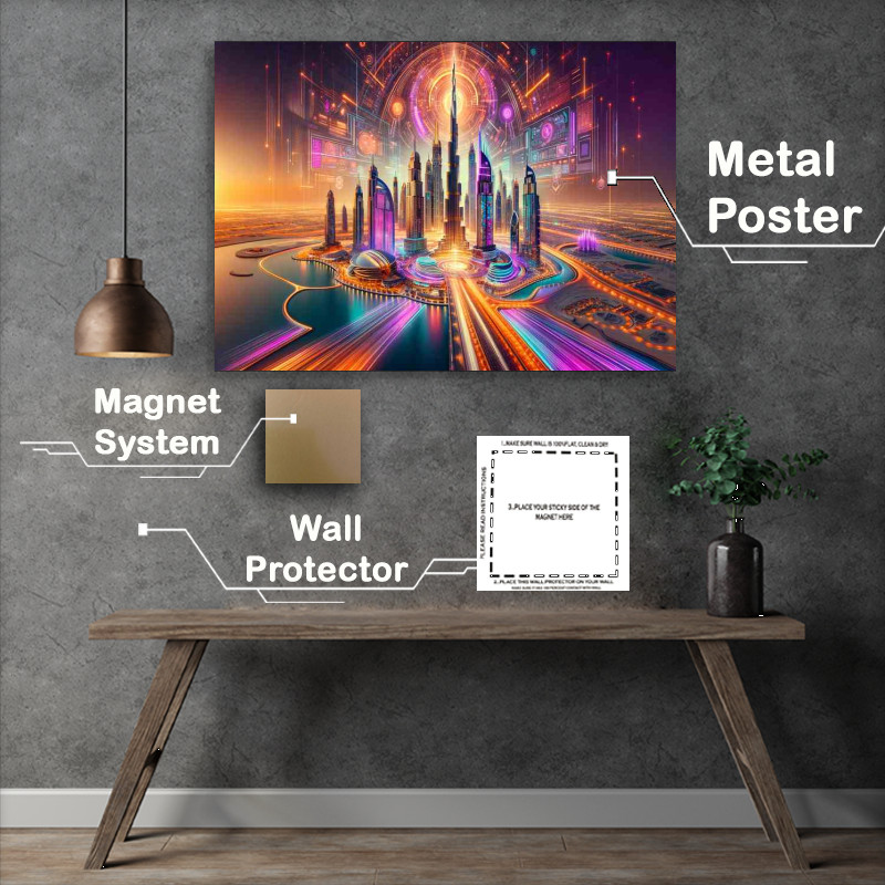 Buy Metal Poster : (Dubai skyline aglow with radiant neon colors)