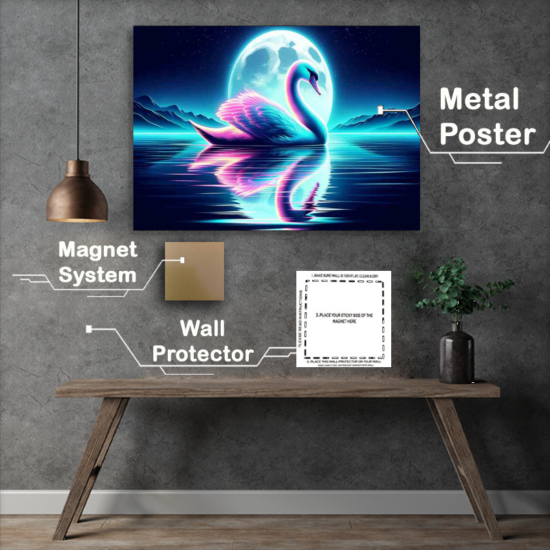 Buy Metal Poster : (Swan gliding on a moonlit lake in a neon art style)