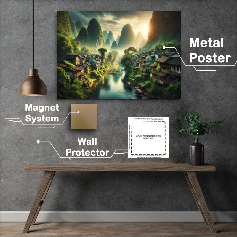 Buy Metal Poster : (Tranquil Ancient Village River Landscape)