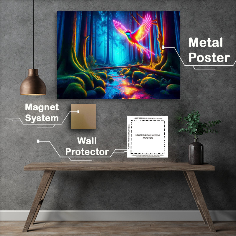 Buy Metal Poster : (Flight Neon Bird Over Twilight Stream)
