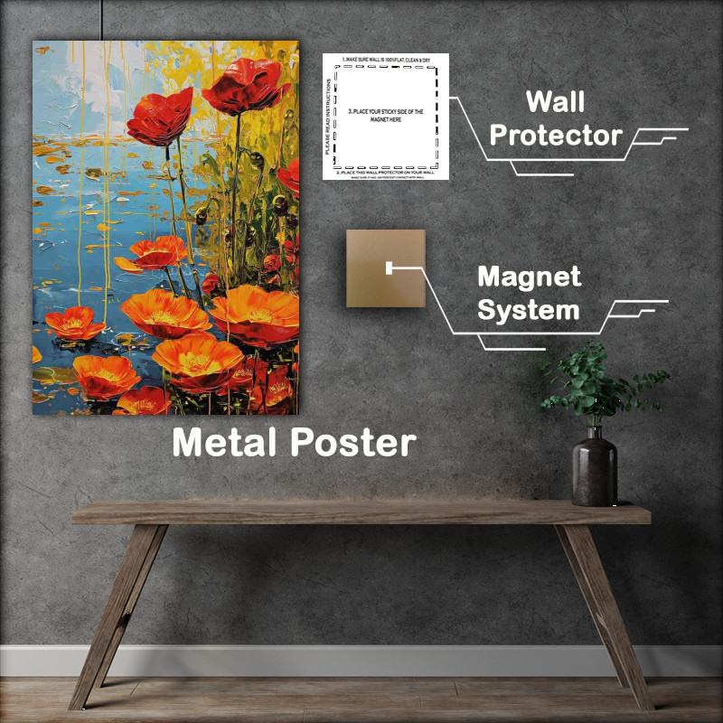 Buy Metal Poster : (Flowers by the lake in oreange)