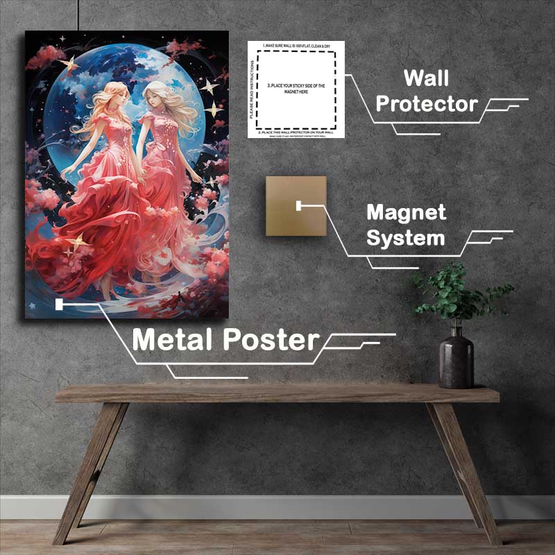 Buy Metal Poster : (Anime girls in pink gowns playfully surrounded by stars)